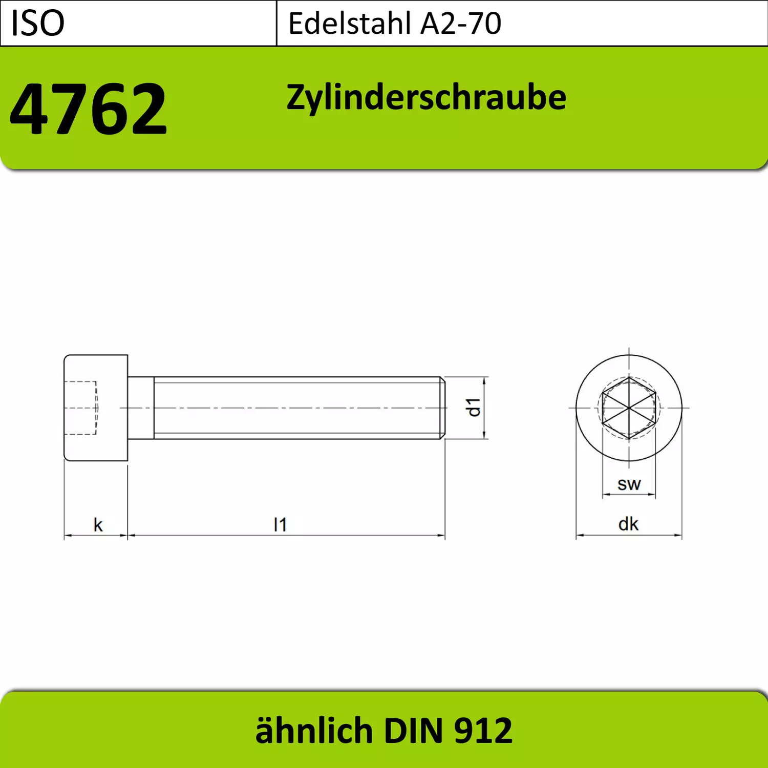 Technische Zeichnung einer ISO 4762 Zylinderschraube aus Edelstahl