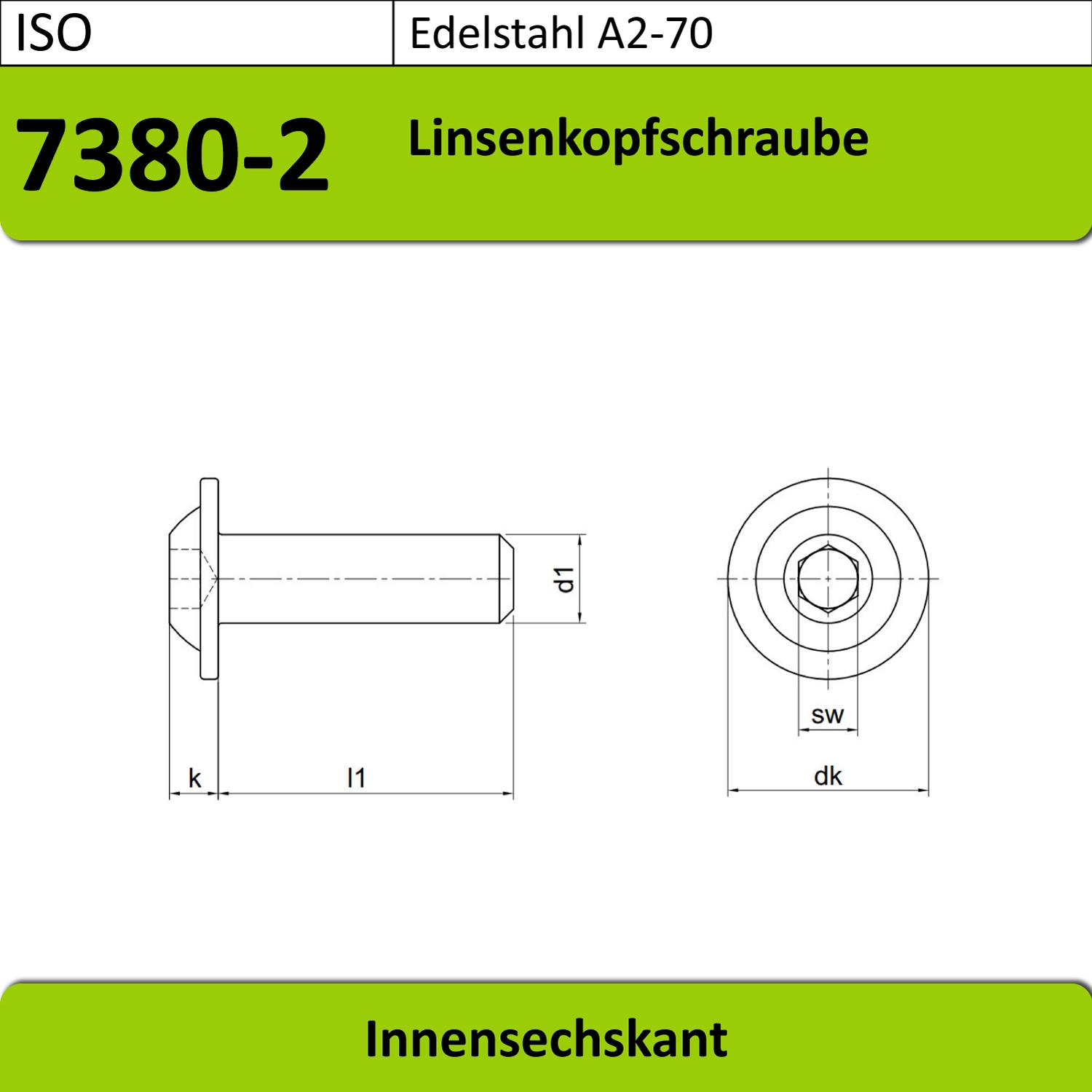 ISO7380-2 Linsenkopfschraube, Stahl verzinkt, 10.9, technische Zeichnung