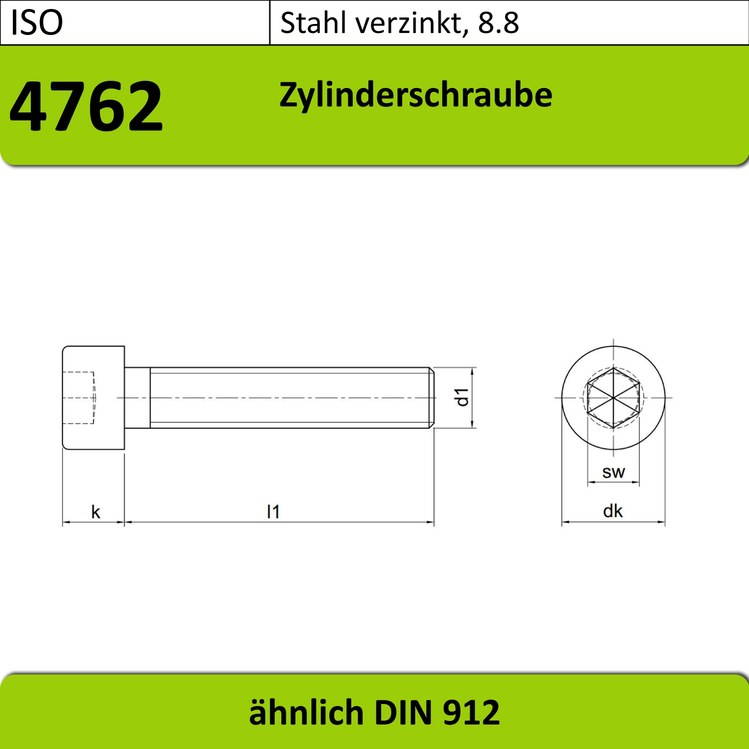 Technische Zeichnung einer ISO4762 Zylinderschraube aus Stahl